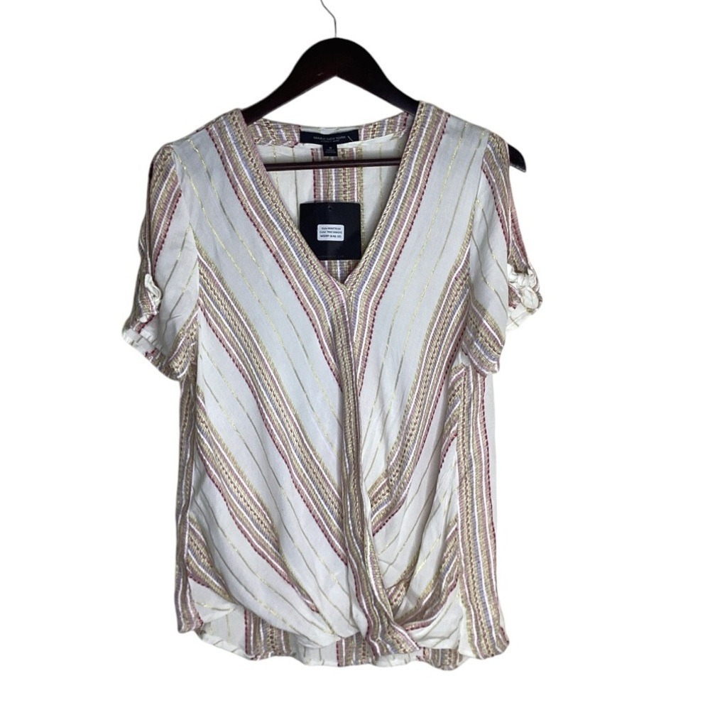Marc New York Andrew Marc Women's Striped Cold Shoulder Twist Front Blouse